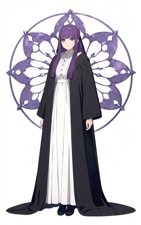 8k, best quality, masterpiece, (ultra-detailed), (high detailed skin), 
full body, full shot, standing, looking at viewer, (solo:1.2), simple background, white background, 
<lora:feilun-a3-Tanger:0.8>, fellun, default clothes, black robe, white dress, 1girl, solo, long hair, purple hair, purple eyes,