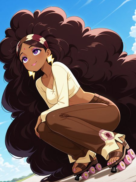 masterpiece,best quality,amazing quality, absurdres, highres, 
jupitermwatgg, 1girl, solo, dark skin, dark brown hair, long hair, absurdly long hair, afro hair, hair bandana, forehead marking, purple eyes, purple eyeshadow, pink lipstick, lightning earrings, light yellow crop top, long sleeves, brown pants, pink toenail polish, open toed shoes, brown roller skates, full body, crouching, head support, looking up, smile, sky, dutch angle, on model, accurate art style, cartoon screencap, show accurate