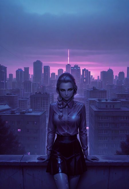 neonpunk style golden hour shot of cityscape shot with (masterpiece), (best quality), (ultra-detailed), looking at viewer, (muscular legs:0.9),
<lora:dark_v1.9-pony:0.9> dark theme,<lora:NOOB_vp1_detailer_by_volnovik_v1:1.4>  <lora:ebenya:0.8> ebenya, building, outdoors, city, rainy day in a small Russian town,  overcast weather, wet trees,  tree,  <lora:Katya_TB_Illv3:1> Katya_TB, 1girl, solo, colored, on the roof, skirt, night, snow, movie still, (neon lights), 90mm lens, vhs, bladerunner style, masterpiece, best quality, (film grain:1.1). Urban, skyline, architectural, dynamic. Warm light, sunset/sunrise, magical, serene . cyberpunk, vaporwave, neon, vibes, vibrant, stunningly beautiful, crisp, detailed, sleek, ultramodern, magenta highlights, dark purple shadows, high contrast, cinematic, ultra detailed, intricate, professional