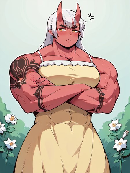 Score_9, score_8_up, score_7_up, score_6_up, score_5_up, score_4_up,  source_anime,  1girl, solo, from below, dutch angle, BREAK, adorabuff, muscular female, oni, colored red skin, white hair, frilled yellow dress, flowers, muscle veins, embarrassed, arms crossed, annoyed, pouting, looking away, arm tattoos,  simple background,  blush,BREAK,  OverallDetailXL, <lora:Concept_-_Adorable_and_Buff:1>