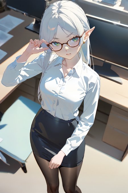 masterpiece, best quality, very aesthetic, ray tracing, newest, (hitenkei, askzy:0.4),1girl, frieren, solo, office lady, white collared shirt, pencil skirt, pantyhose, glasses, glaring, looking at viewer, hand on eyewear, office, indoors, depth of field <lora:quality1:0:hr=2>,  <lora:Char-Frieren-XL-V1:0.9>
