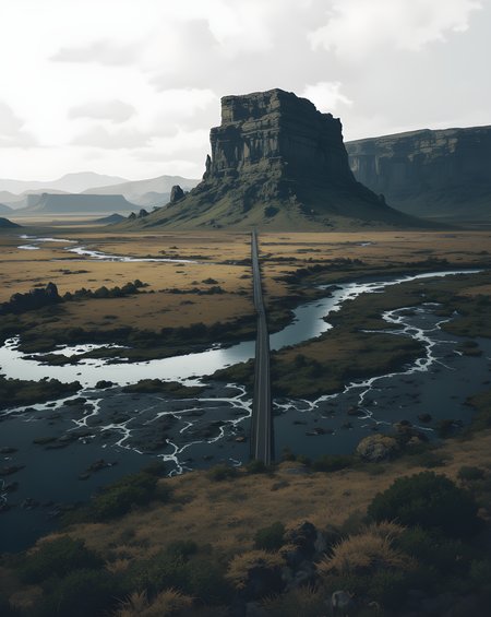 A striking landscape featuring a vast, open expanse of rugged terrain. The scene is dominated by a prominent, towering rock formation in the center, which rises sharply from the flat, arid surroundings. The rock appears to be layered, with distinct horizontal strata visible on its surface, suggesting geological formations shaped over time by natural forces.
A winding river cuts through the landscape, carving intricate patterns across the dark, reflective waters that contrast sharply with the lighter tones of the surrounding land. The river meanders around the base of the rock formation, adding a sense of movement and dynamism to the otherwise still environment. 
In the foreground, a long, straight road stretches across the frame, leading towards the distant horizon. The road divides the scene diagonally, creating a strong visual line that guides the viewer's eye through the composition. The overall atmosphere is serene yet dramatic, with muted earthy tones and soft lighting that enhance the stark beauty of the natural elements. The image captures the raw, untamed essence of a remote and expansive wilderness.
j_art, anime, anime art, <lora:FLUX\jul\J_Anime:0.7>, <lora:FLUX\RealAnime:0.7>