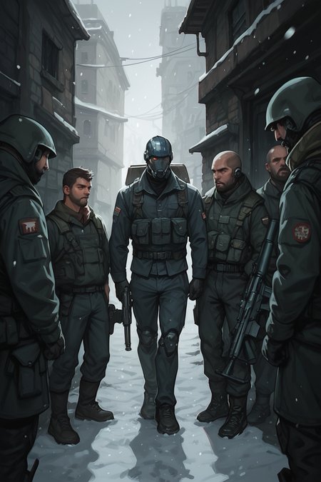 snow, robot, weapon, mecha, gun, snowing, science fiction, multiple boys, outdoors, 6+boys, holding weapon, building, soldier, rifle, holding, holding gun, <lora:S1_Dramatic_Lighting_v2:0.15> s1_dram, zPDXL3, detailxl,  Score_PnyReal,