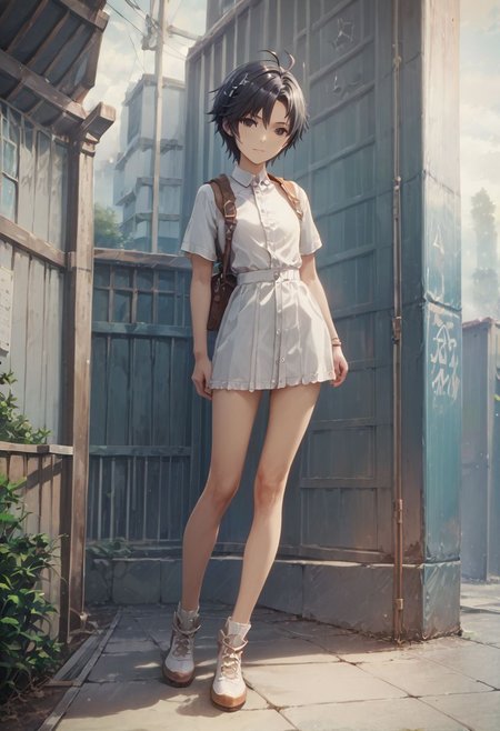 score_9,score_8_up,score_7_up,score_6_up,source_anime, <lora:Worldly_XL:1>
1girl, solo, full figure, 
<lora:KikuchiMakoto_pony_v1:0.9> kikuchi makoto, kkcmkt, short hair, black hair, antenna hair, hair between eyes, black eyes, flat chest,  small breasts,  long legs,
zPDXL, zPDXL-neg