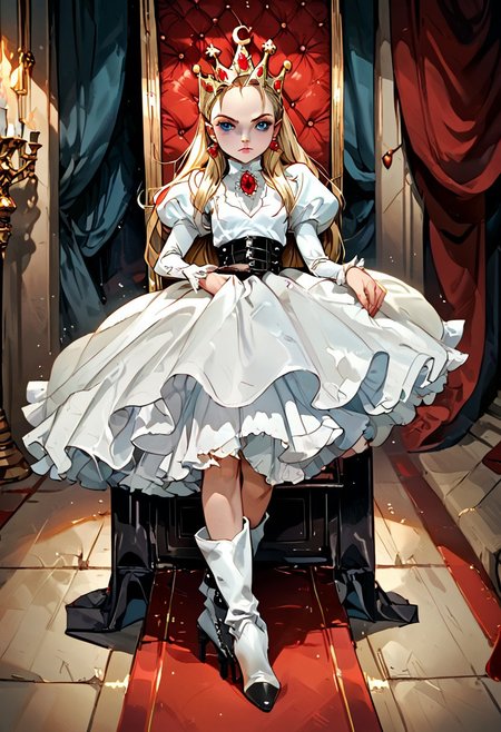 score_9, score_8_up, score_7_up, score_6_up, BREAK,uncensored, throne room, on throne ,1girl, devilotte, long blonde hair, hair slicked back, crown, blue eyes,white dress, puffy juliet sleeves, high heel boots,