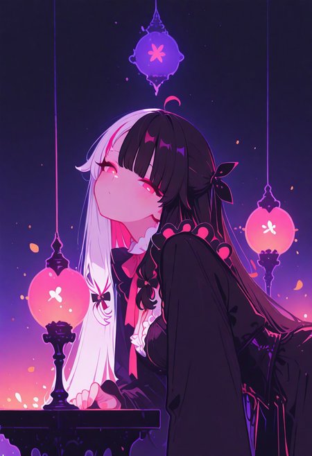 masterpiece, best quality, good quality, newest, highres, absurdres, yorumi rena \( njisanji\), Two-tone color hair,black hair,White hair,
 looking at viewer, blush, fingernails, head tilt, dark fantasy, vibrant background, Theme parks, amusement parks, magician costumes, frills, play boy bunny, petals, glowing lanterns, misty night,aesthetic, soft bokeh, atmospheric lighting, neon glow, mystical aura,, moonlit night, depth of field, cinematic lighting, warm contrast, rich colors, detailed face, detailed eyes, leaning forward , Flatline, Flat vector illustration
