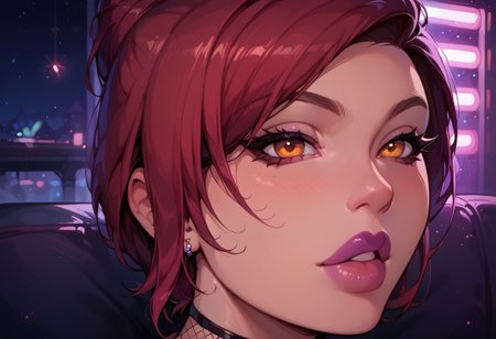 2D, best quality, highly detailed, score_9, score_8_up, score_7_up, score_6_up, source_cartoon, 
BREAK, 1girl, assumi, short red hair, single hair bun, golden eyes, purple lipstick, flirtatious expression, big breasts, tight body, frontal shot, tight clothing, 1girl, round breasts, perfect tits, perfect nipples, large breasts, beautiful, gold trim, fishnet clothing, bodypaint, glitter, neon_purple, 1woman, glowing, exhibitionism, fishnets, neon_lights, rave_party, nightclub, close up