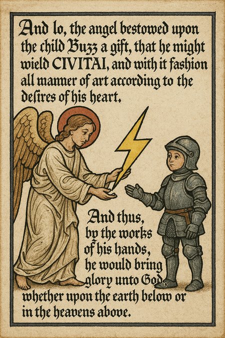 Please do a illustration of a medieval angel presenting a yellow lightning bolt to a small boy, who is wearing knight armor. The text "And lo, the angel bestowed upon the child Buzz a gift, that he might wield CIVITAI, and with it fashion all manner of art according to the desires of his heart. And thus, by the works of his hands, he would bring glory unto God, whether upon the earth below or in the heavens above.", written with gothic font, frame the scene. 