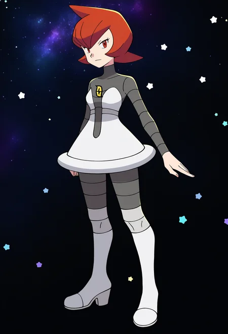 masterpiece, best quality, very aesthetic, absurdres,
(black background, galaxy background, starry background:1.8), BREAK
1girl, mars \(pokemon\), bangs, red eyes, red hair, short hair,
boots, grey dress, pantyhose, round skirt, team galatic uniform,
full body, standing, looking at viewer, solo   <lora:MarsNoobXL_byKonan:1>