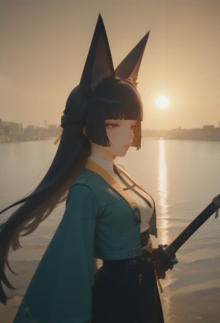 score_9, score_8_up, score_7_up, solo, 1girl, slender body, hoshimi miyabi, miyabizzz, animal ears, black hair, black skirt, blunt bangs, facing river, head away from viewer, fox ears, fox girl, neutral thoughtful face expression, black gloves, black tie, left full robotic arm, light blue jacket, high-waist skirt, sword on side, jacket, red eyes, sheath, shirt, skirt, solo, white shirt, masterpiece, best quality, amazing quality, outdoor, beautiful river in the mountains background, sunny, sun, realistic sun light, wind, hair swirling, cozy lighting, warm tones, dof.
<lora:Smooth%20Anime%20Style%20LoRA%20XL:0.5> 
<easynegative>