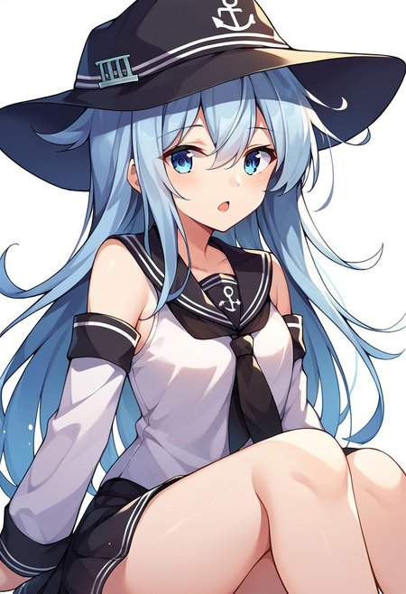 score_9, score_8, score_7, source_anime, hibiki (kancolle), cowboy shot, hat, sitting, black serafuku, open mouth, white shirt, bare shoulders, shirt