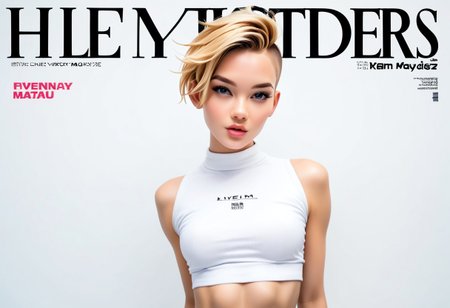 maxim magazine cover, gwen stacy, 1girl. solo, blonde hair, feminine, undercut, crop top, lowriders, belly button, lips, score_9, score_8_and_up, 2000s