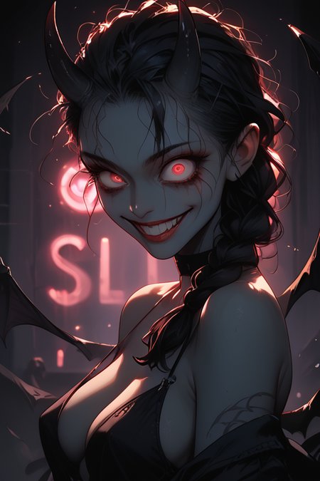 <lora:yandere_sex_pdxl_goofy:1> <lora:Expressive_H:0.85> expressiveh <lora:g0th1cPXL:0.4> g0th1cpxl <lora:incase-ilff-v3-4:0.4> <lora:Sinozick_Style_XL_Pony:0.9> <lora:dark:0.3>, score_9, score_8_up, score_7_up,
1girl, blue skin, saggy breasts, black horns, braided ponytail, half shave, black hair, devil tail, wings, runny mascara, ashes, messy hair, dynamic pose, dynamic angle, side view, 
night club, dim lights, neon lights, ((((yandere, crazy smile, crazy eyes)))), ((big eyes)),