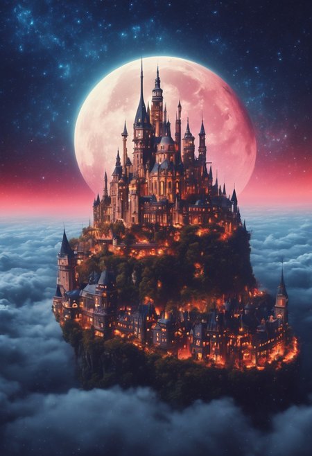 a fantasy landscape. city oft the Future. small city. City over the clouds. moon in background. stars.
perfection style, architecture, architecture, Futurism, FRESHIDEAS  Castle in the sky, Starry Sky, Galaxy, vivid colors, colorful