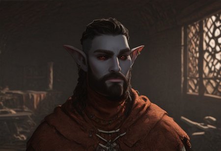 solo, short pointy ears, piercings, random elf face, aquiline features, male dark elf, masculine, beard, weathered skin, large nose, athletic build,  animated realism, zoomed out, Syrian features, torso, brass pipes and gears, intricate architecture, dwarven masonry, dwemer fixtures, white-green light, gloomy lighting, ancient ruins, interior, stone tiled floor, grey-blue skin, mahogany and ivory clothes, medium armor, bone plate armor, ivory straps and fittings, grey wood neckguard, dark red sclera, black pupils, distant mushroom forest, blue-green light, neon, highly detailed, defined features, looking at viewer, three quarters view, from front, dynamic lighting, 36 years old, light and shadows, patterned cloth, annoyed expression, expressive eyes, detailed medieval clothes, long hair, wavy hair, thick hair, beaded hair, braided hair, under cut hair, semirealistic, alien elf, spanish features, jewish features, black hair, dark red hair, umber skin, sharp features, pastel green berber print cloak, nighttime, high detail, absurdres, pretty eyes, detailed eyes, red eyes,