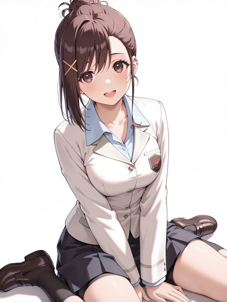 masterpiece,best quality,newest,
1girl,solo,
<lora:sakurai_kanade_ilxl_v1.0:1>,brown hair,single hair bun,x hair ornament,short hair,brown eyes,
k_clothes,uniform,white jacket,shirt,black skirt,black shorts under skirt,black socks,loafers,
<lora:Fixhands_anime_bdsqlsz_V1:1>,wariza,hand on floor,white_background,simple_background,:d,