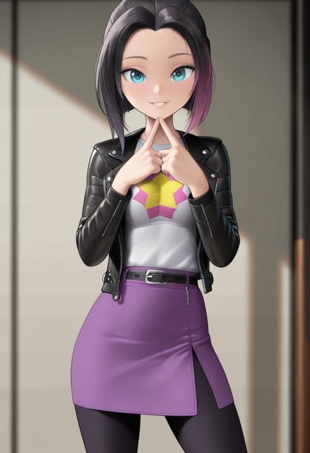 masterpiece, good quality, best quality, dynamic view, original style, screencap,
Zoe, blue eyes, black hair, purple tips, black leather jacket, white shirt, star shirt, purple skirt, black leggings, medium breast,
(solo, seducing, sexy pose, dynamic pose, looking at viewer, cowboy shot)
