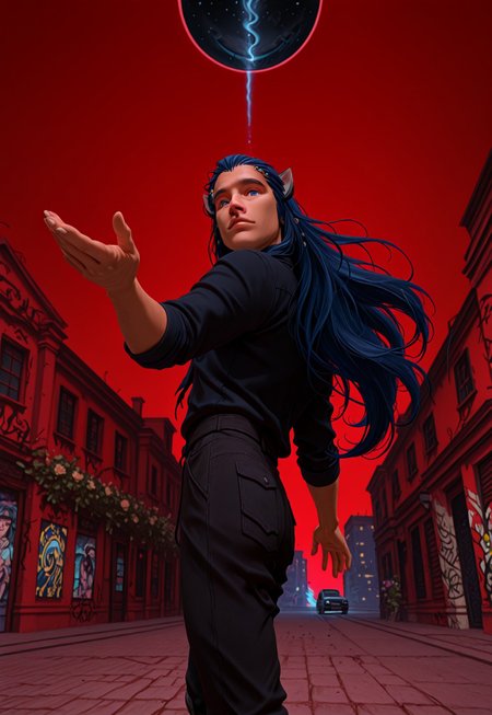 masterpiece, very aesthetic, best quality, absurdres, newest, SMN0UV34UDSK, art nouveau,  1boy, tobias x'voor, animal ears, blue hair, graffiti, cat ears, long hair, red background, road, shirt, solo, outstretched hand, close-up, looking at viewer, cinematic angle, foreshortening, dark, black space, flowers, arc en ciel , negative space,  belle époque, jugendstil, secession, liberty, guimard, mucha, klimt, fin de siècle, anime screencap, retro art style, flat color, 