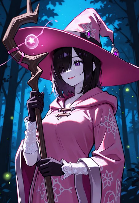 lineart, pencil art,
1girl, black hair, pale skin, purple eyes, hair over one eye, medium hair, medium breasts, red lipstick,
holding staff, witch clothes, pink silk robe, lace sleeves,
forest, flying fireflies, night,
smile, gloves , casting spell, upper body,
front view, low angle,
<lora:hamafuguIL-style:1.2>,hamafugustyle,