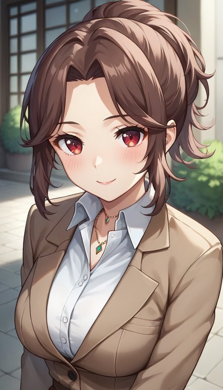 score_9,score_8_up,score_7_up,score_6_up BREAK official art,solo,outdoors,upper body,(portrait:1.5),looking at viewer,facing viewer,smile,blush,Yuni Irido,long hair,brown hair,ponytail,single hair bun,sidelocks,parted bangs,red eyes,jewelry,necklace,brown jacket,blazer,white shirt,collared shirt,long sleeves,large breasts,skindentation,shirt tucked in,pencil skirt,brown skirt,brown pantyhose,high heels,brown footwear,<lora:Yuni Irido(mtm)-Pony:1.2>,