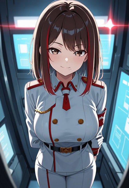masterpiece, best quality, good quality, very aesthetic, absurdres, newest, 8K, depth of field,  in the style of cknc, artist:moriimee, in the style of cksc, 
1girl,kyouko_fujibayashi, short brown hair, brown eyes, mole under mouth, large breasts, military uniform, red accents, standing in command room, confident smirk, looking at viewer, from front
BREAK
military base, white consoles, screens glowing
BREAK
anime style, vibrant colors, high contrast, dynamic light, sharp outlines, rich details