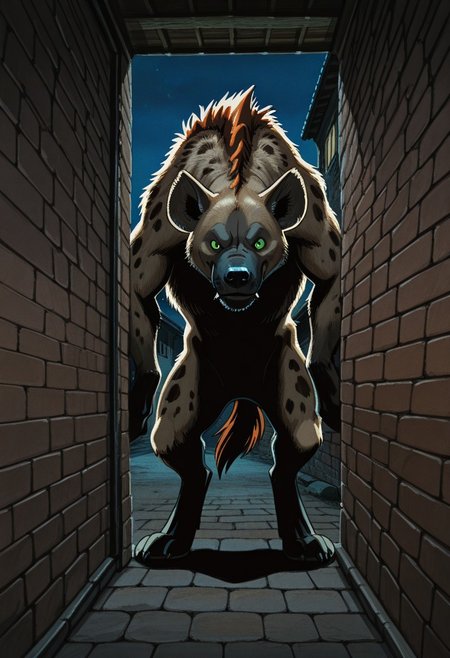 lazypos, retro_artstyle, masterpiece, best quality, amazing quality, cinematic ambiance, deep contrast, rich color tones, anime, solo, Werehyena, Monster, hyena, anthro, upperbody, obscured, peeking_around_corner, peeking out,hiding behind brick wall, looking at viewer, low angle, night, slum, urban, animation artstyle, dark, shadows,
