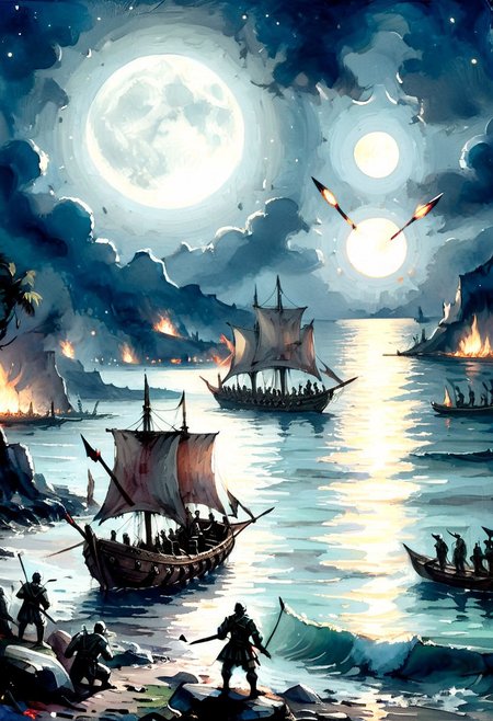 night time, full moon, army standing on shore, army shooting fire arrows, burning longship sailing