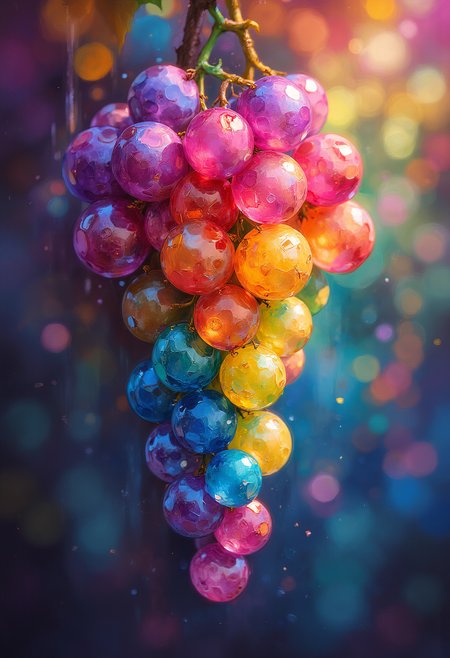 Painterly, Rainbow colored grapes, surreal, vibrant glow, bokeh, 8k