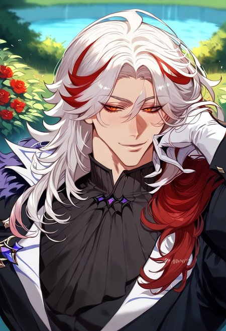 anime artwork, score_9, score_8_up, score_7_up, score_6_up, score_5_up, 1boy, multicolored hair, red eyes, garden, fountain, sunny, bliss, smiling,  white hair, mostly white hair, wolf cut, red streak of hair, black butler outfit, wolf cut, medium length hair, handsome, white gloves, sword on hip, detailed clothing, masterpiece, straight hair, suit, cotton gloves, solo, closer to the face, seductive look,
 <lora:Floox_Style:1>, long hair, detailed eyes, close up, long hair, detailed hair, crimson eyes