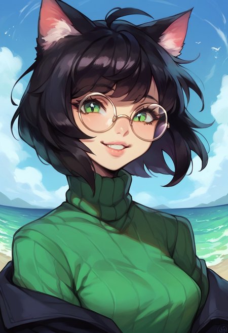 score_9, score_8_up, score_7_up, score_6_up, (high quality, masterpiece, 2d),
Fantasy, 1girl, solo, catgirl, animal ears, cat ears, black hair, bob cut, bangs, messy hair, cat tail, green eyes, small round rimless glasses, small breasts, looking at viewer, smile, parted lips, upper body, black robes, green sweater,
day, ocean, blue sky,