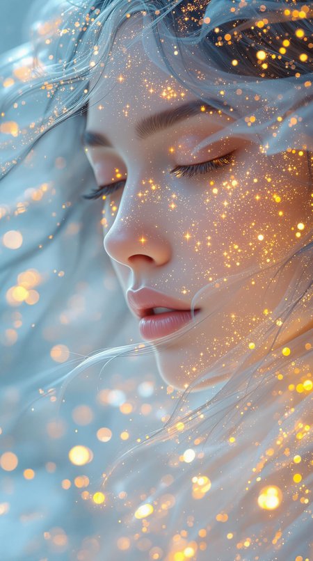 A photorealistic 4K image of a woman with transparent, crystal-like skin, glowing from within with a soft golden light, her hair flowing like liquid metal, surrounded by an aura of shimmering particles., RAW photo, subject, 8k uhd, dslr, soft lighting, high quality, film grain, Fujifilm XT3, 4K, photorealistic, High dynamic range, vivid, rich details, clear shadows and highlights, realistic, intense, enhanced contrast, highly detailed, long shot scenic professional photograph of , perfect viewpoint, highly detailed, wide-angle lens, hyper realistic, with dramatic sky, polarizing filter, natural lighting, vivid colors, everything in sharp focus, HDR, UHD, 64K, 