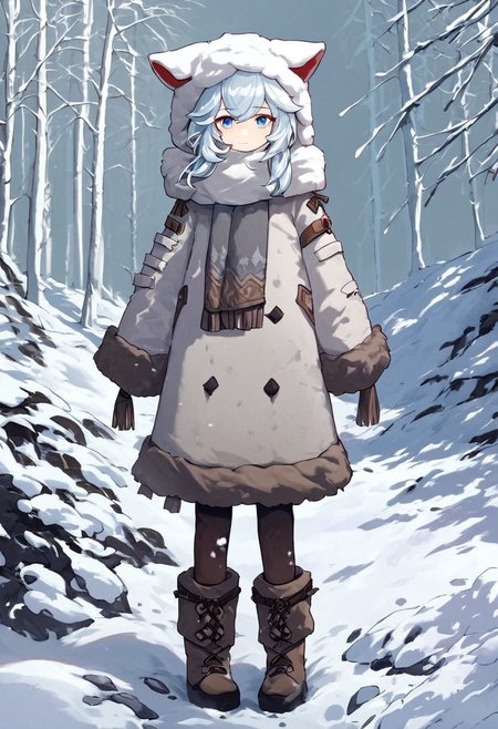 Score_9, score_8_up, score_7_up, Genshin Impact Style, source_anime, snow, ice forest, 1girl, solo, 
White hair, tattered fur hood over hair, grey fur hood, tattered fur snow coat, baggy fur coat,  pale blue eyes, standing, facing viewer, staring at viewer, tattered brown cloth around chest, white cloth around chest, white ragged cloth, white ragged scarf, white snow gloves, grey fur boots, dark grey pants, snow boots, black snow boots