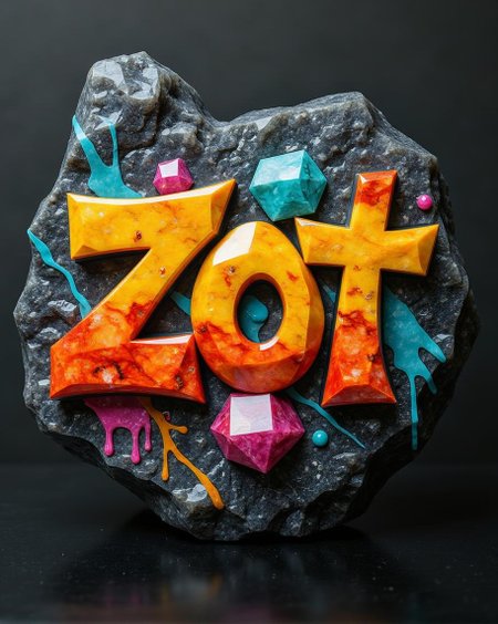<lora:ck-polygon-gems-0019.safetensors:1> a crafted gemstone model in the style of cklg featuring a
A bold, vibrant graffiti-style design featuring the word "ZOT" in bright yellows, oranges, and red hues on a dark backdrop. Teal and magenta accents add contrast, while paint drips and splatters infuse the composition with dynamic energy.