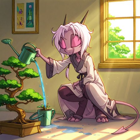 score_9, score_8_up, score_7_up,namah_calah,
1girl,solo,furry,tail, source_furry,horns,
 ,<lora:namah_calah_illustrious:0.8>,
child, kid, 
bonsai_tree, watering_can, sunlight_window, serene_expression, minimalist_room, traditional_robe, delicate_pose