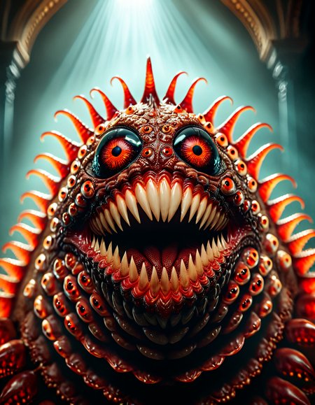 monsterlora, horror (theme), 1monster, teeth, many eyes,cinematiclora,Cinematic Lighting, Dramatic lighting, high contrast, detailed shadows, high-resolution, emotional, harmonious, vignette, highly detailed, high budget, bokeh, cinemascope, moody, epic, gorgeous, film grain, grainy, monsterlora, horror (theme), 1monster, teeth, many eyes, symmetry, vivid colors, detailed, cinematic, epic, sharp focus, surreal background, translucent, transparent, highly coherent, colorful, deep aesthetic, magical, pure, fine detail, very intricate, ambient, perfect light, inspired, rich vibrant color, illuminated, beautiful composition, artistic, complex
