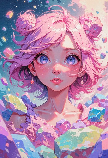 masterpiece, high-quality, pastel anime style, The camera zeroes in on the heart-shaped face of a youthful dreamweaver, her large, star-speckled eyes dominating the composition. Short, bubblegum-pink hair frames her cheeks in soft tufts, tinted by the gentle glow of floating crystals that bob around her head. Each crystal shimmers with pastel huesâlavender, mint, and baby blueâcatching the dreamy highlights in her glittery eyelashes. Behind her, the blurred suggestion of a magical woodland forms a swirl of cotton-candy tones and softly drawn lines. Subtle sparkles and gentle shading define every strand of hair and every crease of her sweet, determined expression, culminating in a hyperdetailed portrait that radiates kawaii charm and celestial wonder, <lora:FLUX\FLUX-daubrez-DB4RZ:0.3> <lora:FLUX\ArcaneFGTNR:0.5> <lora:FLUX\VividlySurrealApex:0.6> <lora:FLUX\Anime v1.3:0.5>