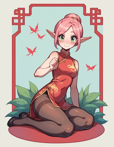 score_9, score_8_up, score_7_up, score_6_up, score_5_up, score_4_up, solo, 1girl,
<lora:HartGear-15:0.8> h4rt, chinese dress, pantyhose, full body, pointy ears, pink hair, looking at viewer, green eyes, blush, light smile,