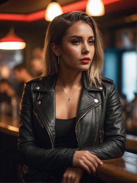 A dynamic cinematic photograph of Jenna_Sims_P_MXAI_SDXL:1.2  , hard expression, wearing biker boots, wearing detailed leather pants, wearing a band t-shirt, wearing a leather jacket, standing at the bar in a biker bar, shot from the side, PA7_Portrait-FL, SK_CINEMATIC, ziprealism