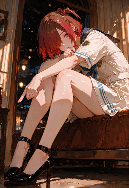 perfect quality,high quality,masterpiece,absolutely eye-catching,ambient occlusion,raytracing,best quality,amazing quality,very aesthetic,absurdres,available light,Cinematic Lighting,depth of field,newest,
rotated,panorama,sideways_glance,
1girl,yellow eyes,short hair,red hair,brown hair,bangs,side ponytail,one side up,hair over one eye,hair bobbles,komarichika cyql,
Sailor collar dress,ankle-strap heels,
leaning,finger_gun,
qxys,748cmstyle,EtherStyle,<lora:spo_sdxl_10ep_4k-data_lora_webui:0.7>,<lora:96YOTTEA-WAI:0.3>,<lora:illustrious_all_rated_v1:0.7>,<lora:748cmSDXL:0.9>,<lora:EtherSDXL:0.5>,<lora:Komari Chika_Illustrious by Cyql:0.8>,