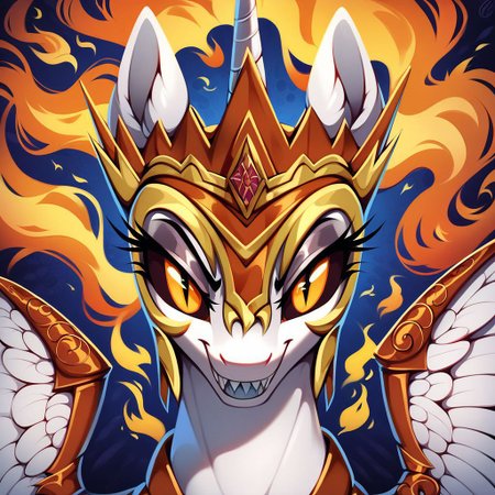 score_9, score_8_up, score_7_up, score_6_up, score_5_up, score_4_up, Daybreaker From "Equestria at War", pony, alicorn, g4, Female, Feral, Portrait of a leader, Ruler of the Solar Empire, (Athletic1.2), Evil eyes, Looking At Viewer, Horror sadistic smile, Sharp teeth, Throne Hall Interior, Extreme Detailed Background, Tail, the quality of ai art is frightening