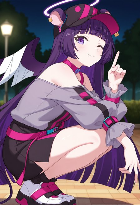 1girl,solo,<lora:shimmakkil:0.9>,shimmakk_(show_by_rock!!),blue eyes,halo,purple eyes,purple hair,long hair,blunt bangs,ear piercing,animal ears,multicolored wings,tail,long sleeves,off-shoulder shirt,grey shirt,puffy long sleeves,bare shoulders,black headwear,baseball cap,pink belt,black skirt,looking_at_viewer,from_side,black ankle socks,smile,leaning_forward,squatting,knees_to_chest,reaching,wink,index_finger_raised,night,park,masterpiece,best quality,good quality,newest,incredibly absurdres,