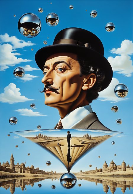 embedding:lazympos, salvador dali, surrealism, man, bowler hat sky, chrome balls, reflection <lora:Challenge_Winnifier_2025-03:0> <lora:Balls_of_Chrome_Steel:0.3>