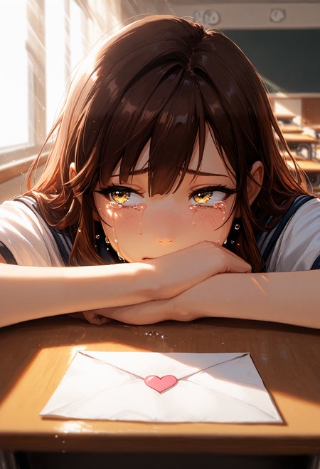incredibly absurdres, highres, masterpiece, newest
1girl,
long hair, brown hair, crying, tears, looking to the side, yellow eyes,
close up, straight-on, depth of field, light rays,
indoors, classroom, desk, sitting, love letter, 
<lora:ponyv6_noobV1_2_adamW:0.5> <lora:NOOB_vp1_detailer_by_volnovik_v1:0.3> <lora:0d28507d-6abc-443d-9c00-5f399ab8c7eb.TA_trained:0.15>  <lora:klskx_wai:0.7>  <lora:illustrious_noobai_epsilon_pred_1_masterpieces_v1:0.7>