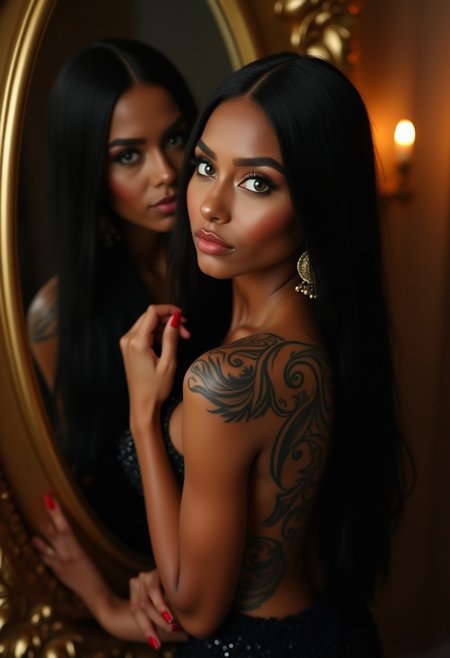realistic photo. head to toe photography of a sesductive woman with a tribal tattoo on her back.  sexy black woman, attractive afro-american woman. very long straight black hair, green eyes, gorgeous lips, dark lips, medium perky breasts, perfect body, large hips, fit body, thick thigs, dynamic lighting, beaded dress, earrings, elegant, makeup. Sexy high heel shoes. red colored nails, hands and toes. She is embracing herself while admiring her beauty in the mirror. fancy party room, indoor, golden details,  high angle view,  parted lips. full body view.