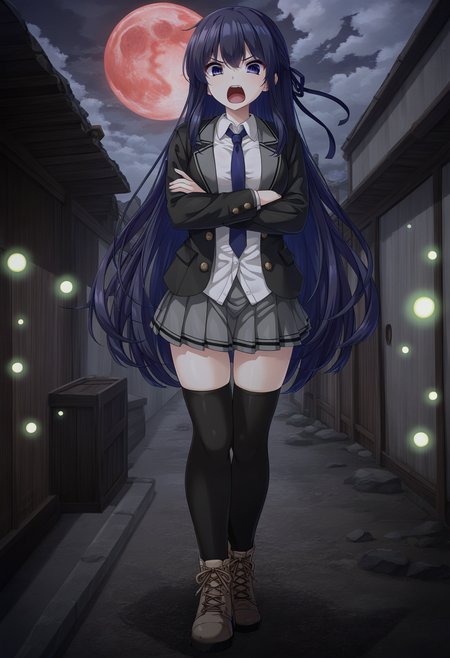 masterpiece,best quality,amazing quality,absurdres,aesthetic,newest,
kagami siyuri \(haison\), 1girl, solo, dark slateblue hair, very long hair, half updo, hair between eyes, sidelocks, floating hair,
v-shaped eyebrows, angry, scolding, glareing at viewer, open mouth, upper teeth, 
((legs_together)),thigh gap,crossed_arms, 
midnight blue hair ribbon, midnight blue necktie, open jacket, black jacket, notched lapels jacket, long sleeves, sleeves past wrists, button \(fastener\), wing collar shirt, white collared shirt, grey pleated skirt, zettai ryouiki, black thighhighs, khaki lace-up ankle boots 
abandoned village,traditional japanese village,alley,fog,dark,horror_\(theme\), cloudy_sky, black_cloud,red moon,glowing fireflies,water refection,
 <lora:kagami_siyuri_noob_vpred10_v10:0.8>