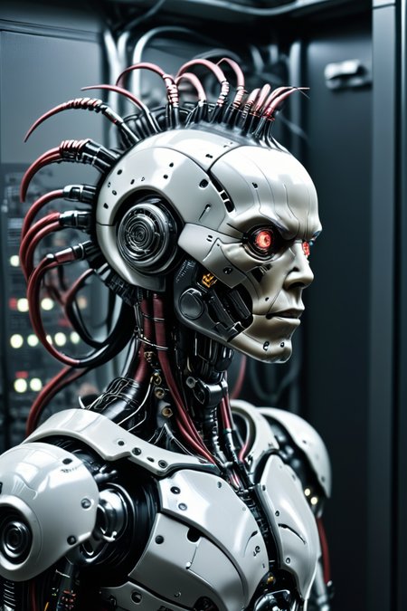 RAW photo of a <lora:madpunk:0.5> madpunk <lora:just_another_Cyborg_LoRa_SDXL:0.8> c1bo cyborg (Playing with hair, exuding playfulness) at a Megacorporation server room with blinking lights, super detail, ultra-realism, <lora:xl_more_art-full_v1:0.3>, <lora:pastel_colors_xl_v3:0.7>  ,  <lora:Faceless_Cyborgs:0.5> noface, cyborg <lora:quality1:0.4> <lora:sdxl_cyberpunk:0.5> cyberpunk style, cyberpunk