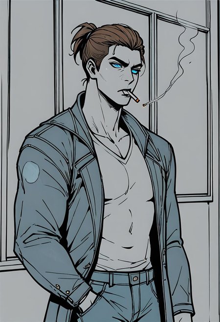 score_9, score_8_up, score_7_up, score_6_up, score_5_up, score_4_up, source_anime, (1 man), shen, shen from league of legends, muscular, short ponytail, brown hair, blue eyes, coat, jeans, smokes looking out the window, looking out the window, holding a cigarette, starry sky, loneliness, silence, empty look, monochrome