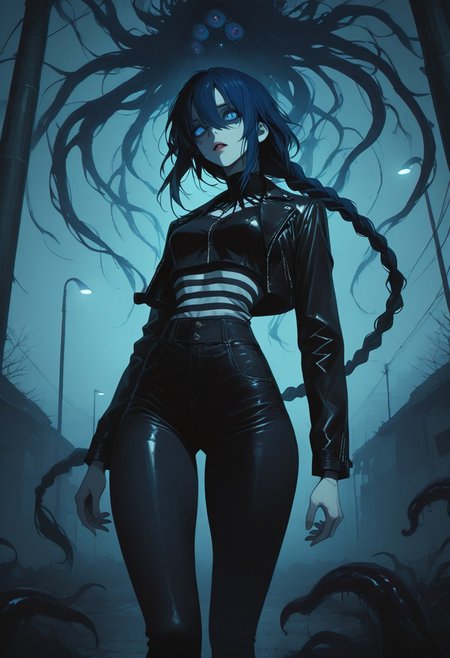 LDSCH Style, aesthetic, , p1n04rtstyl3,pinoartstyle,pino art style, LeIsT0_illu, masterpiece, best quality, masterpiece \\\\(quality\\\\), depth of field, cinematic, shadow, chromatic aberration, 
1woman, solo, dark blue hair, ((hair in long single braid)), (((very long braid))), blue eyes, pale skin, parted lips, ((slim body)), fit slim, (small breasts), dynamic angle, portrait, thick thighs, skinny body, narrow waist
Wearing leather jacket, (((striped crop top))), wearing skinny jeans, tight jeans, wearing black converse sneakers
Walking down a dark ally, very heavy fog, misty Street, Street lamp, dark humanoid silhouettes in the fog, Erie feeling, horror theme
Behind her: in the background, fflix-shadows, Shadow humans in the fog, tentacle people in the fog, Shadow tentacles, CR33P1NGF0G, fog, fog, dark, night, haze, eldritch_abomination, monster in the fog, monster in the haze, partially obscured monster, horror_(theme)
