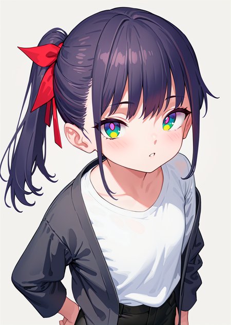(best quality, masterpiece:1.2),
cowboy shot, upper body, 
1girl, solo,
petite, ponytail, short hair,
black hair, hair ribbon, two-tone hair,  looking at viewer, 
multicolored eyes, green eyes, purple eyes, white pupils, 
black jacket, white  shirt, oversized clothes, 
black pants,  
standing, 
highres,sharp focus,Professional,Impasto,
front view,close-up, 
reality_ray_tracing,ambient_light,
simple background, grey background, 
<lora:ASYLJ77-000009-XL-02:0.9>