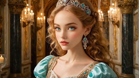 (style of Zac Retz, Whimsical Atmospheres, Dreamlike Figures, Soft Lighting, Painterly Technique, Subtle Emotions:1.3), (extremely curly permed++ doll-like blonde, large covered bust, florence italy opulence:1.25), lavish palace bedroom interior, central female figure, extravagant gown with intricate floral patterns embroidered in gold and silver threads adorned with sparkling jewels, tight corset accentuating an hourglass figure reflecting Renaissance fashion, delicate tiara encrusted with rubies and diamonds jeweled headpiece glinting in soft light pearl earrings dangling elegantly, surrounded by ornate mirrors with gilded frames reflecting the grand chandeliers overhead, marble columns with intricate carvings, luxurious drapery in deep red velvet with gold tassels, richly upholstered furniture with detailed woodwork and plush cushions, gold leaf accents adorning the room detailed frescoes depicting mythological scenes and intricate tapestries telling tales of old, warm soft lighting emanating from crystal chandeliers and flickering candles, casting a romantic regal ambiance throughout, elegant majestic slightly theatrical atmosphere, female figure standing with a graceful poised demeanor, holding a delicate lace fan intricately designed or a single red rose with dew drops, her expression serene yet powerful exuding confidence and grace, capturing the essence of Renaissance splendor and opulence (24 years old feminine, European adult woman:1.12), lightly freckled, (Oval-shaped face, luminous complexion, glowing aqua+ almond-shaped eyes, thin brows, small upturned nose, thin supple lips:1.13), wide angle photo,, Sophoria_Comatosa
